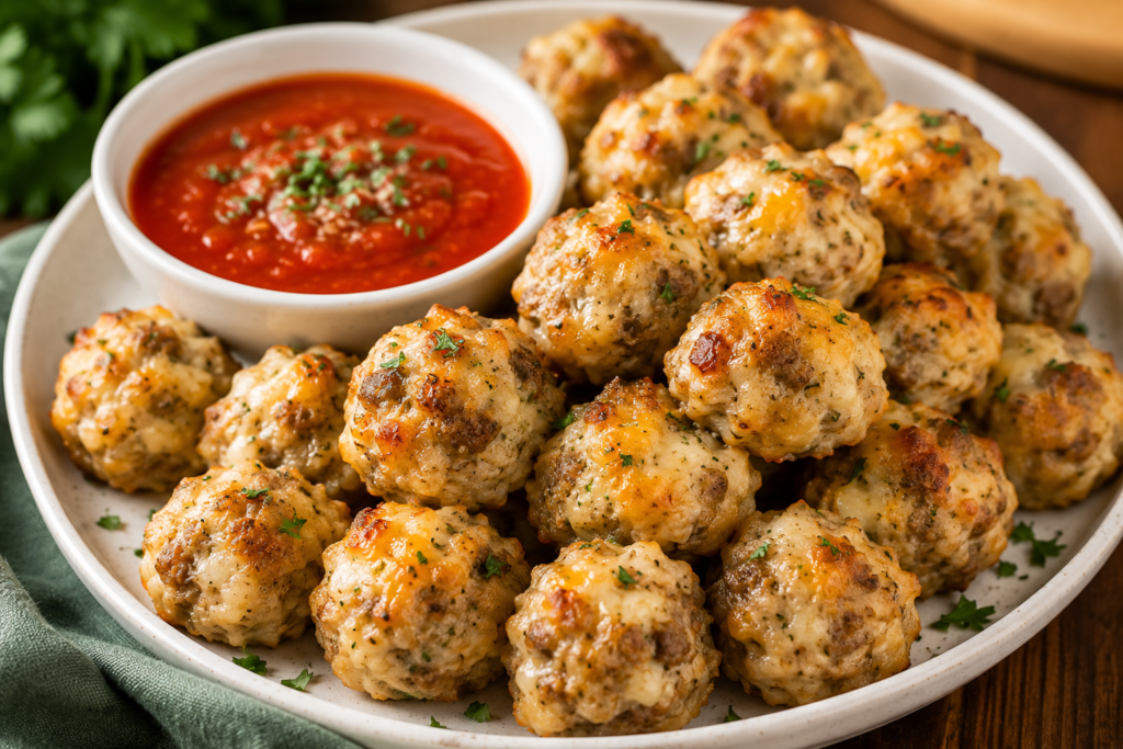 Cheesy Italian sausage appetizer bites served with a bowl of marinara sauce