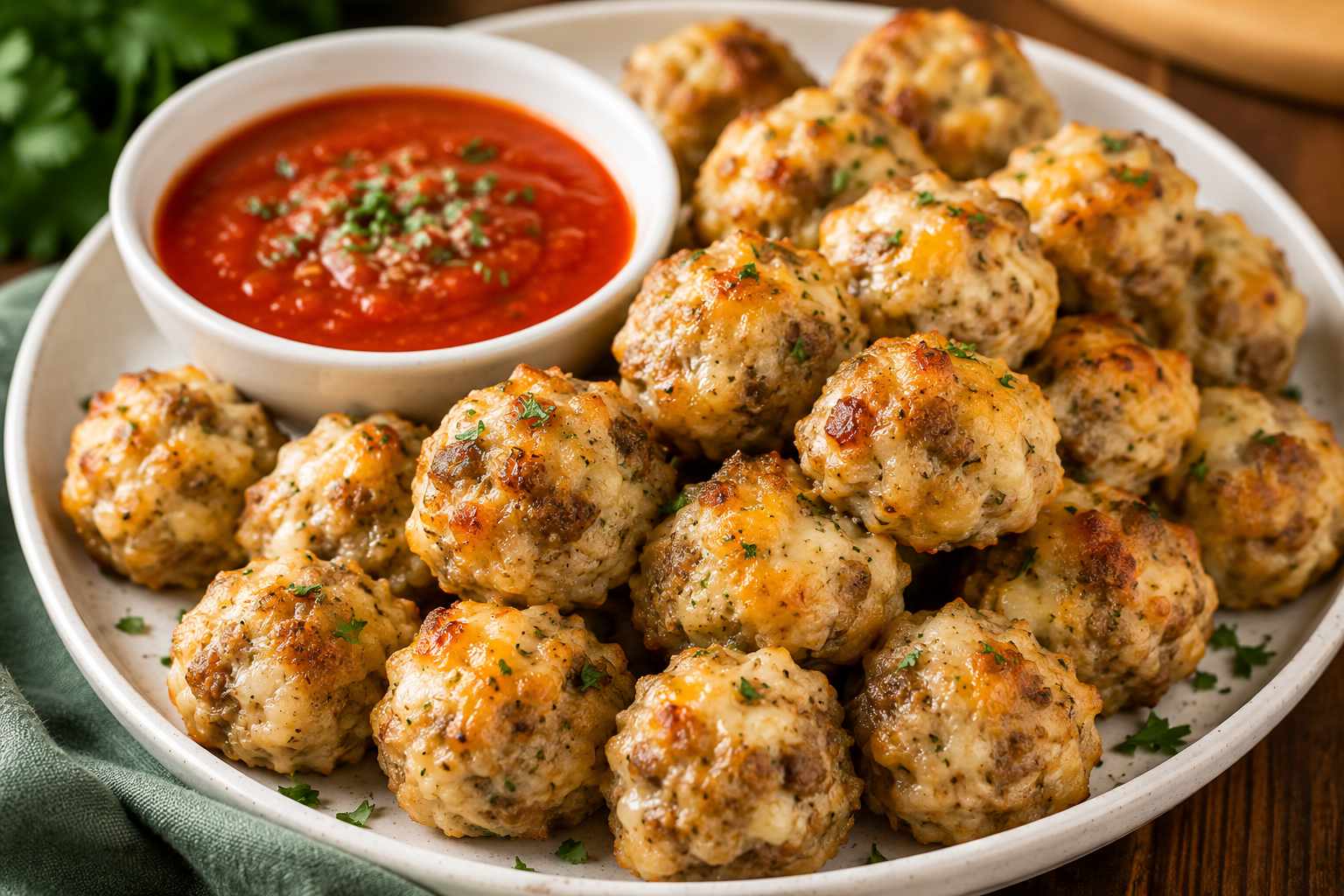 Cheesy Italian sausage appetizer bites served with a bowl of marinara sauce