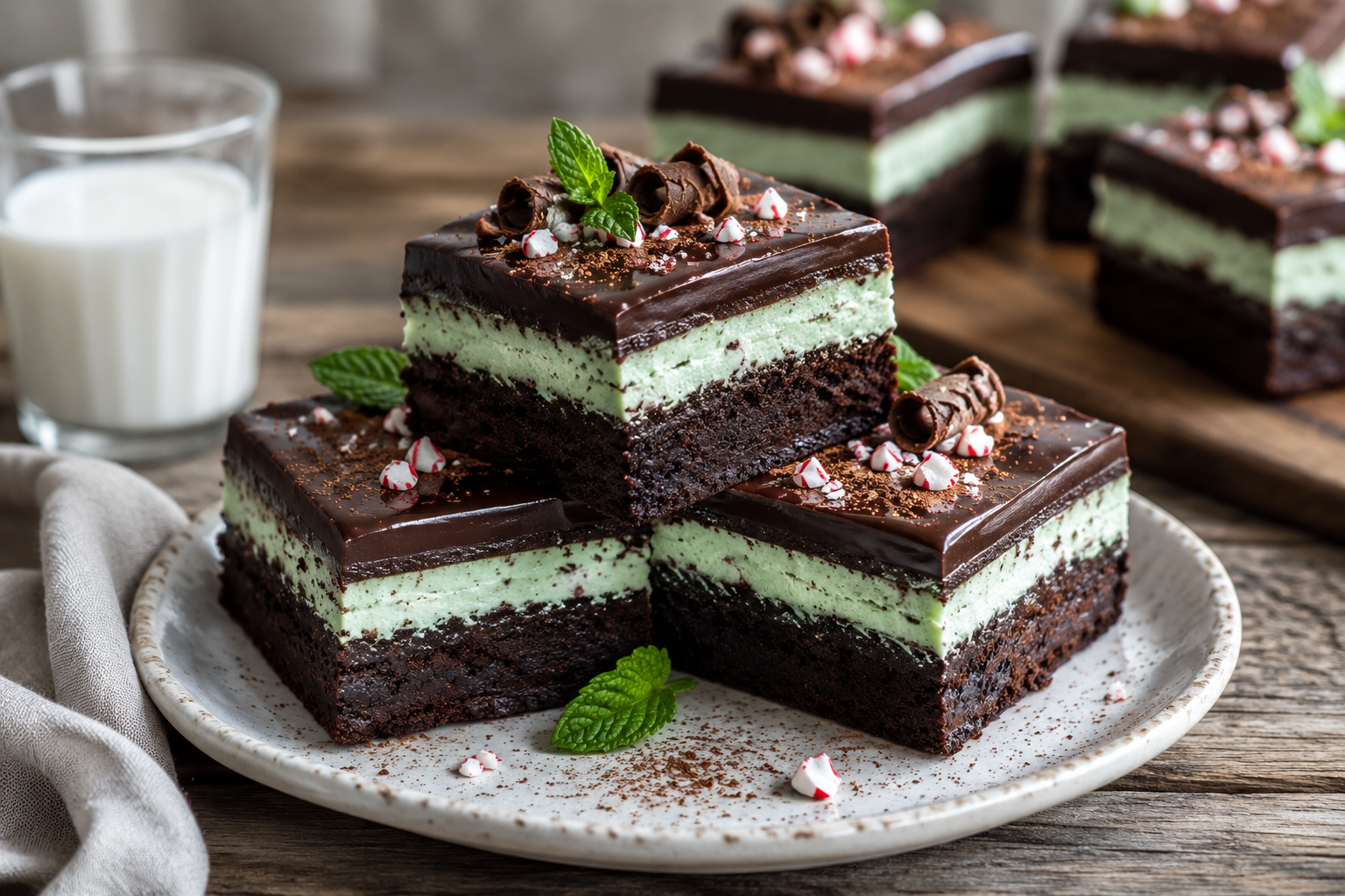 Chocolate Mint Triple Decker Brownies with fudgy chocolate layers, creamy peppermint filling, and rich chocolate ganache
