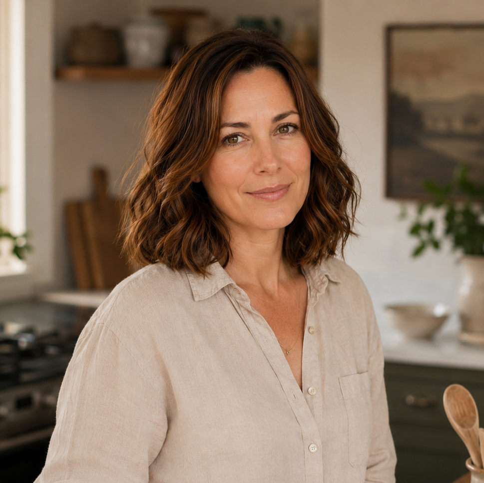 Emily Carter smiling in a warm, lived-in home kitchen