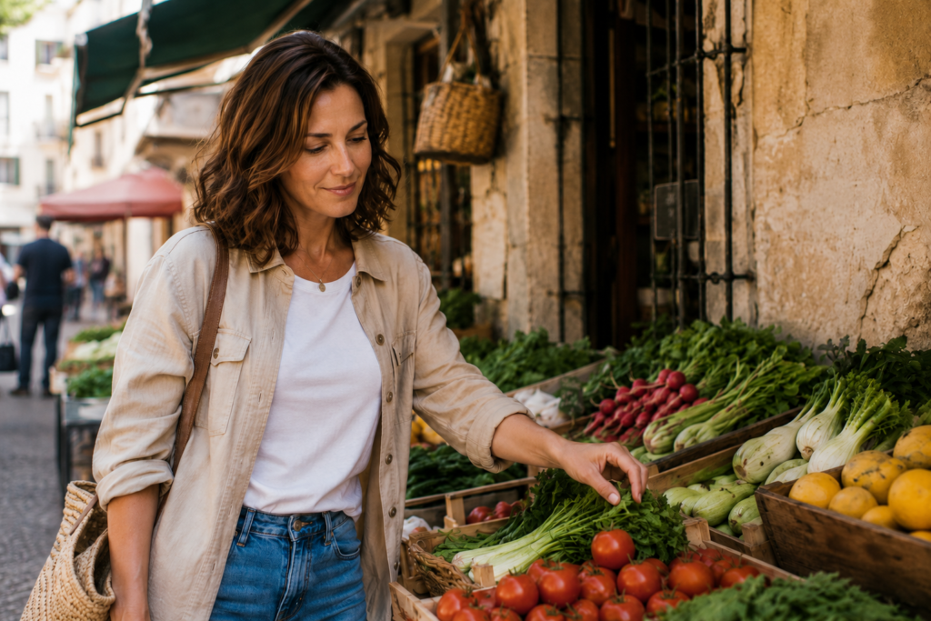 Emily Carter choosing produce at an Italian neighborhood market