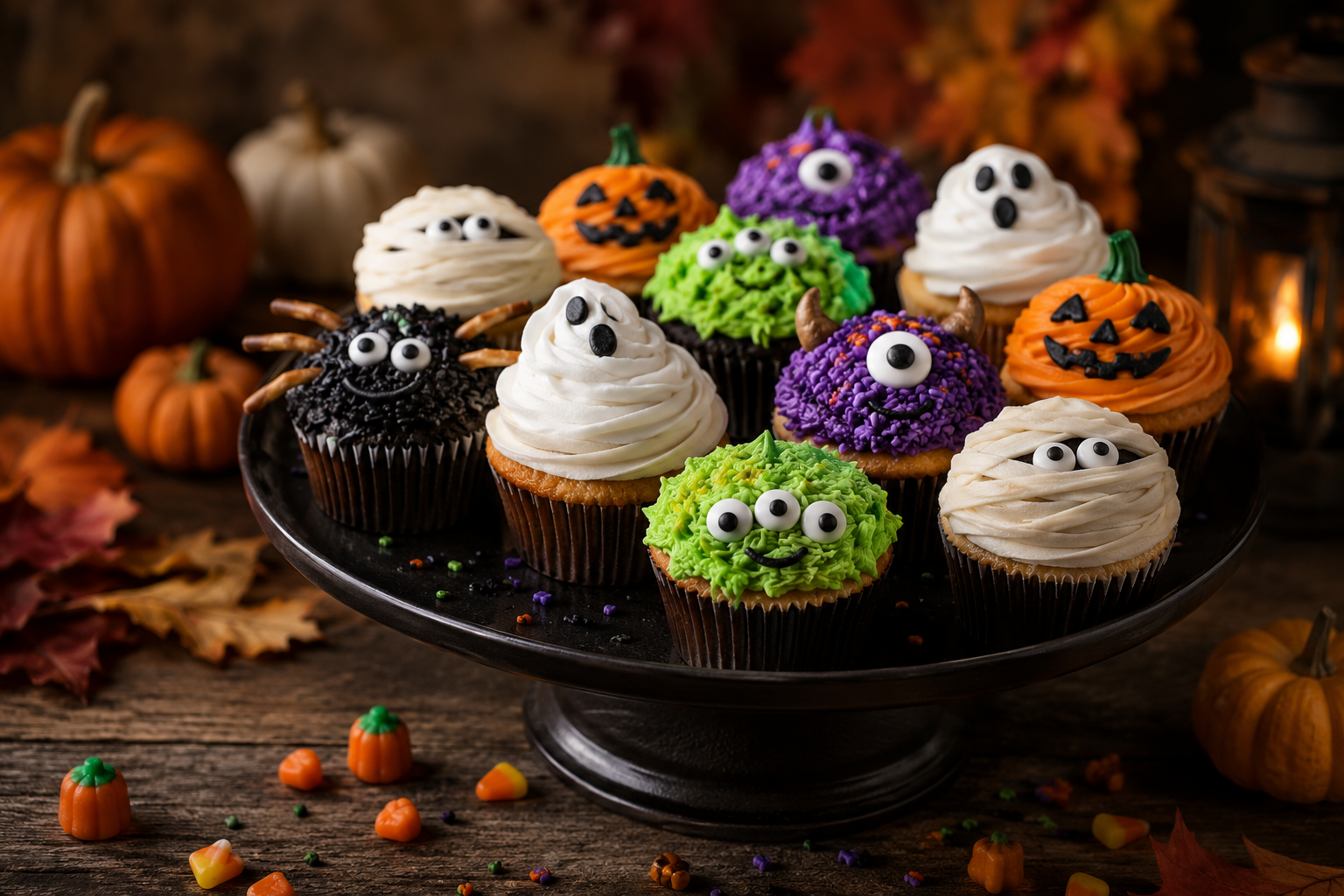 Colourful Halloween cupcakes decorated as monsters, ghosts, pumpkins and spiders with buttercream frosting and candy eyes