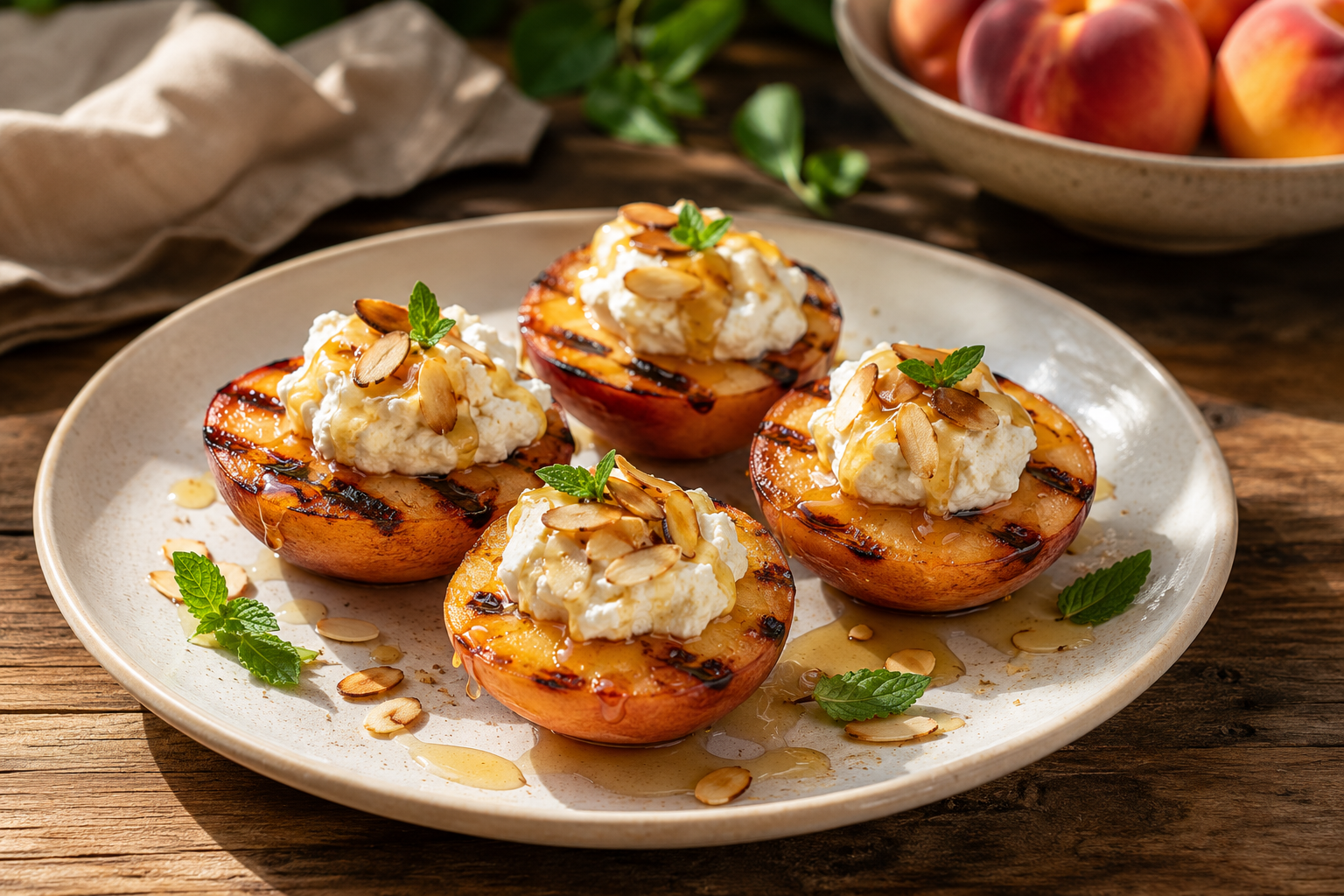 Grilled peach halves topped with Amaretto whipped cream, toasted almonds, honey and fresh mint