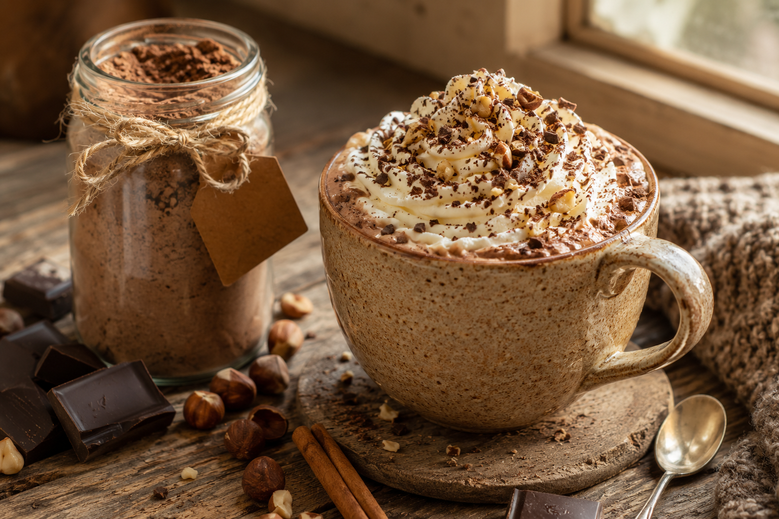 Creamy homemade hot chocolate topped with whipped cream and toasted hazelnuts beside a jar of homemade hot chocolate hazelnut drink mix