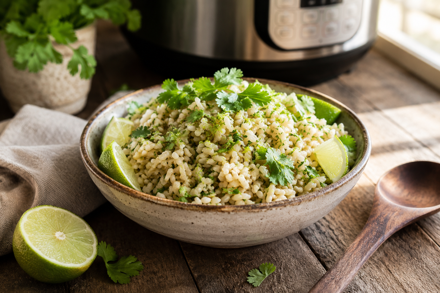 Fluffy Instant Pot cilantro lime brown rice garnished with fresh cilantro and lime zest in a rustic serving bowl