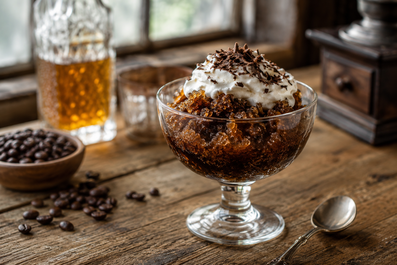 Alt image text: Irish coffee granita topped with whipped cream and dark chocolate shavings in a clear dessert glass.