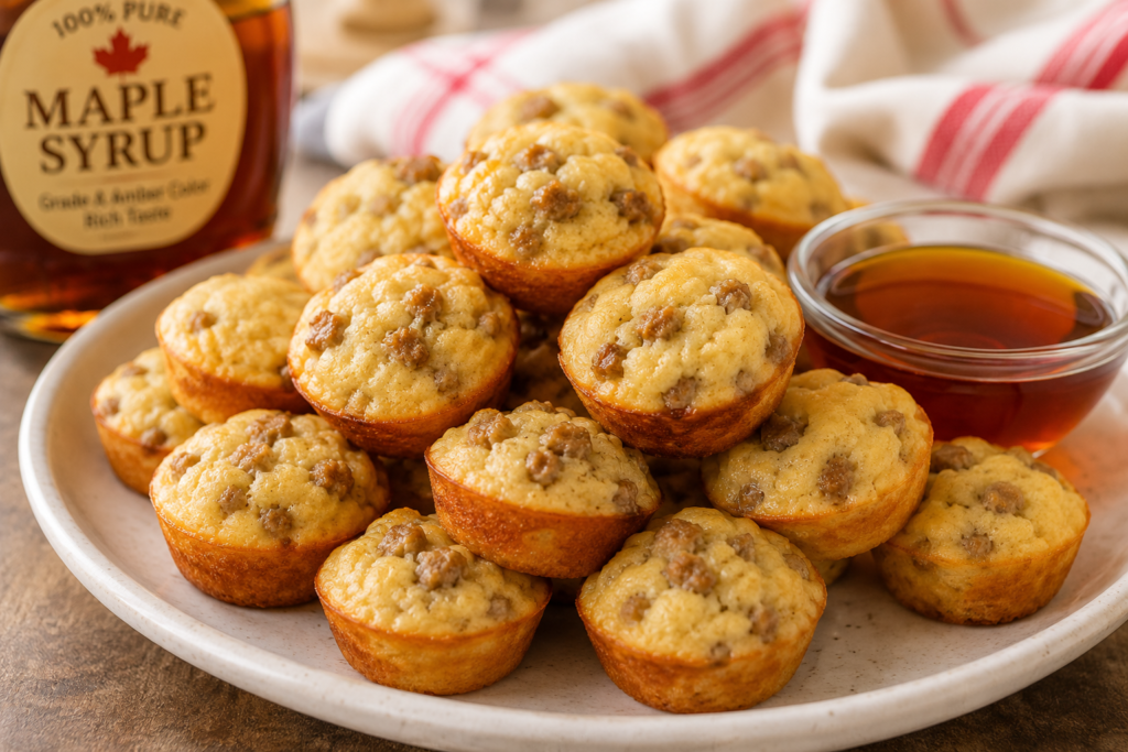 Golden maple-sausage pancake bites served warm on a plate with a bowl of real maple syrup for dipping, perfect for breakfast or brunch