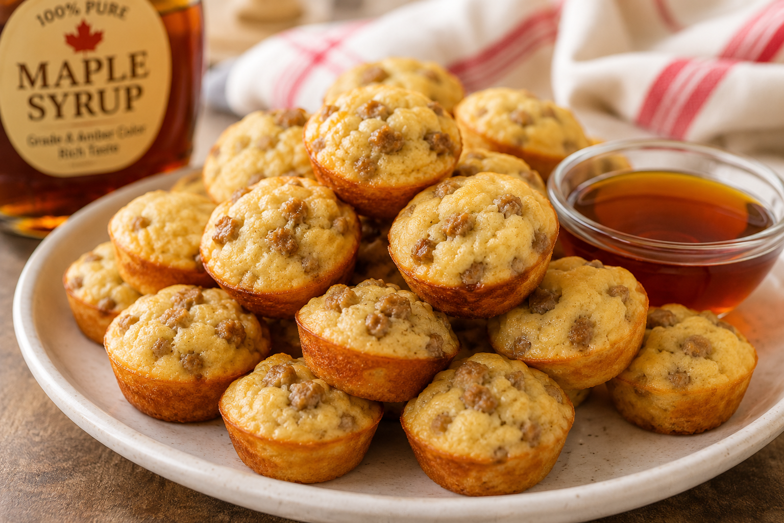 Golden maple-sausage pancake bites served warm on a plate with a bowl of real maple syrup for dipping, perfect for breakfast or brunch