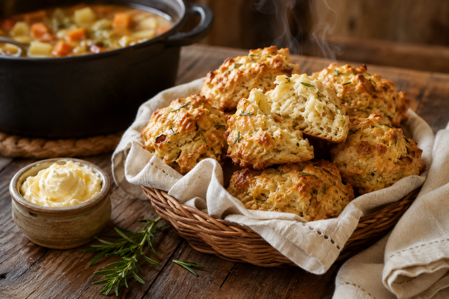 Freshly baked Onion Rosemary Drop Biscuits with caramelized onions and fresh rosemary served warm in a rustic basket with butter