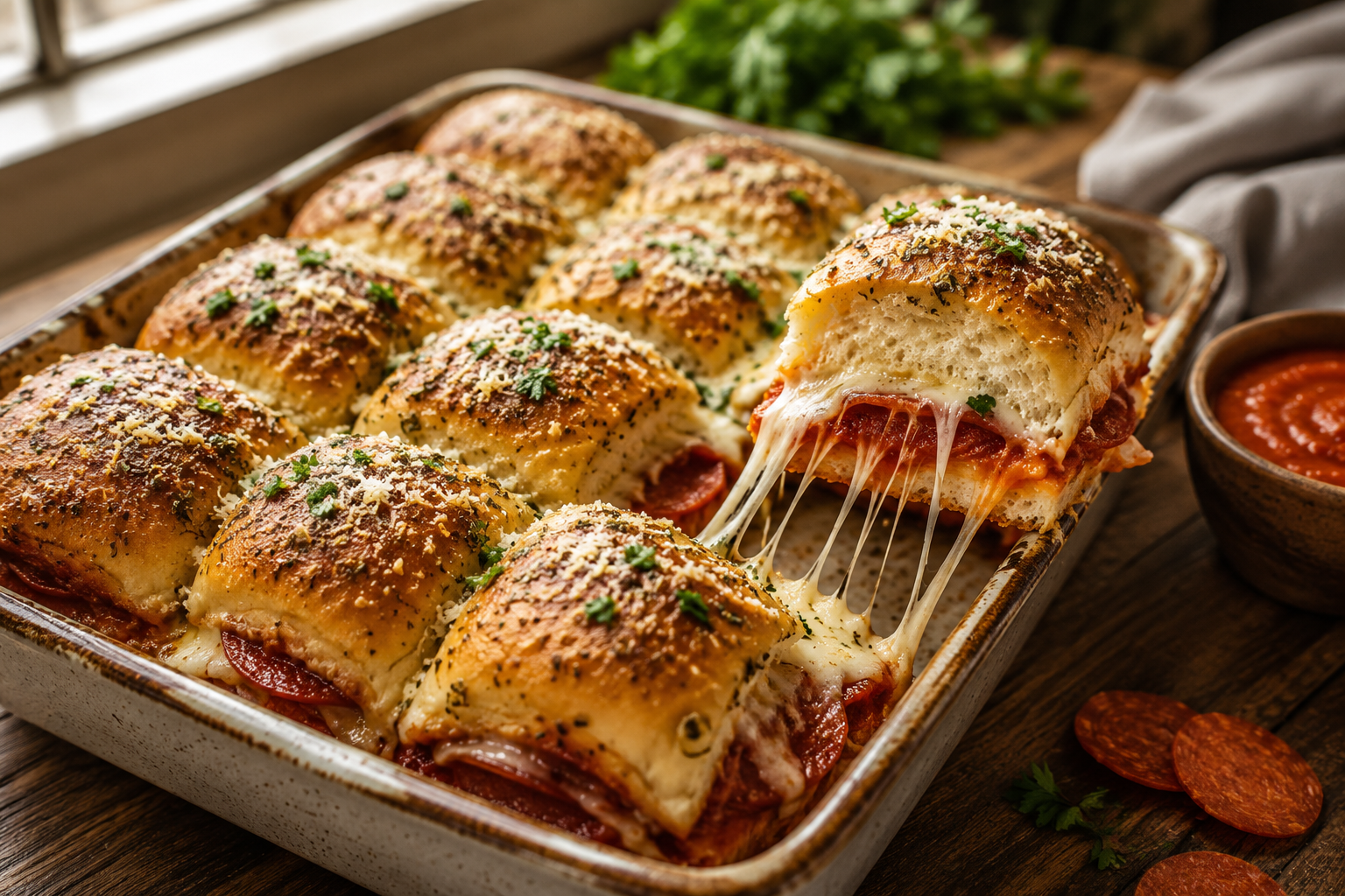 Freshly baked pepperoni pizza sliders with melted mozzarella cheese, garlic butter Hawaiian rolls, and marinara dipping sauce