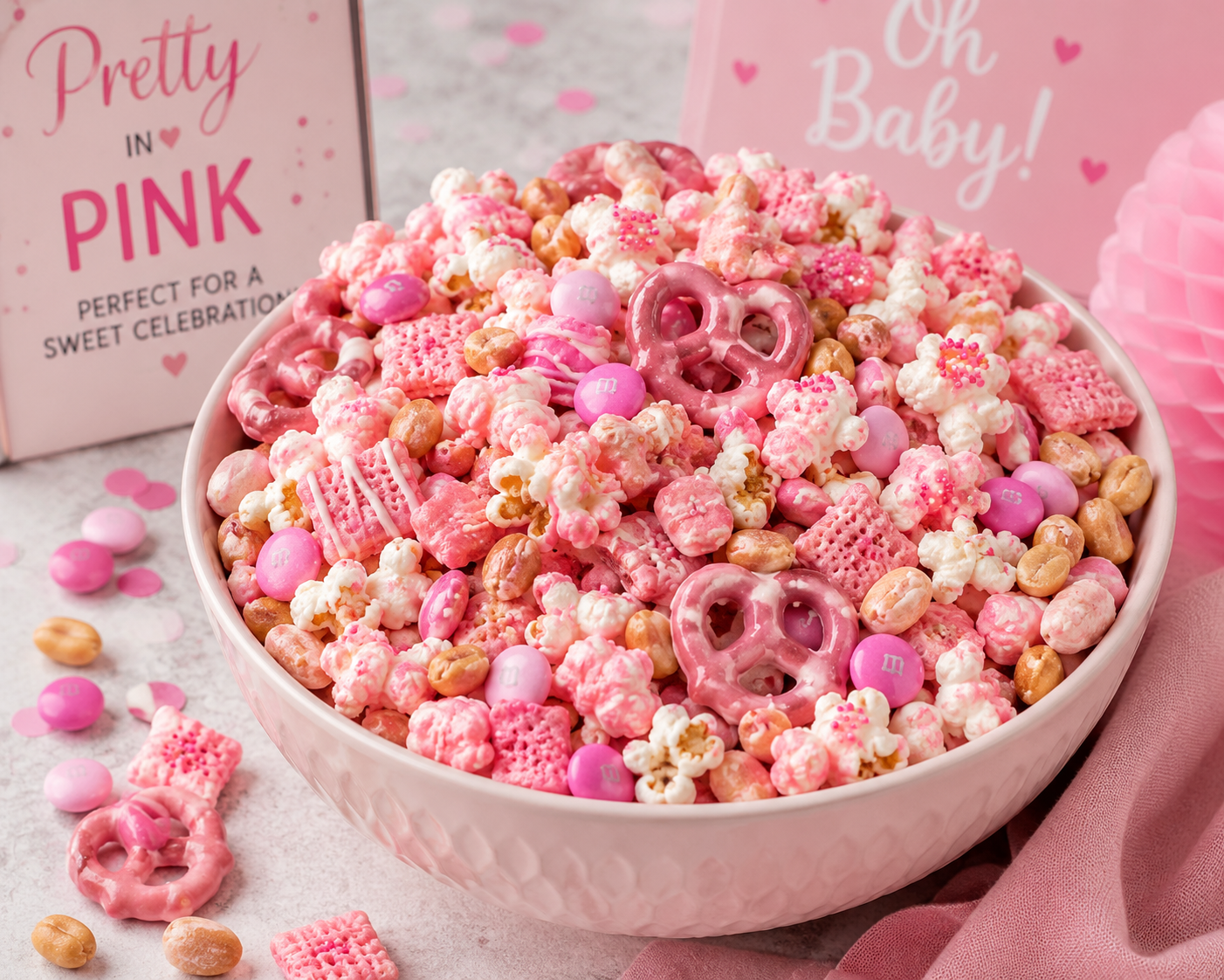 Bowl of pink party mix with popcorn, peanuts, pretzels, sweets and pink sprinkles for a baby shower