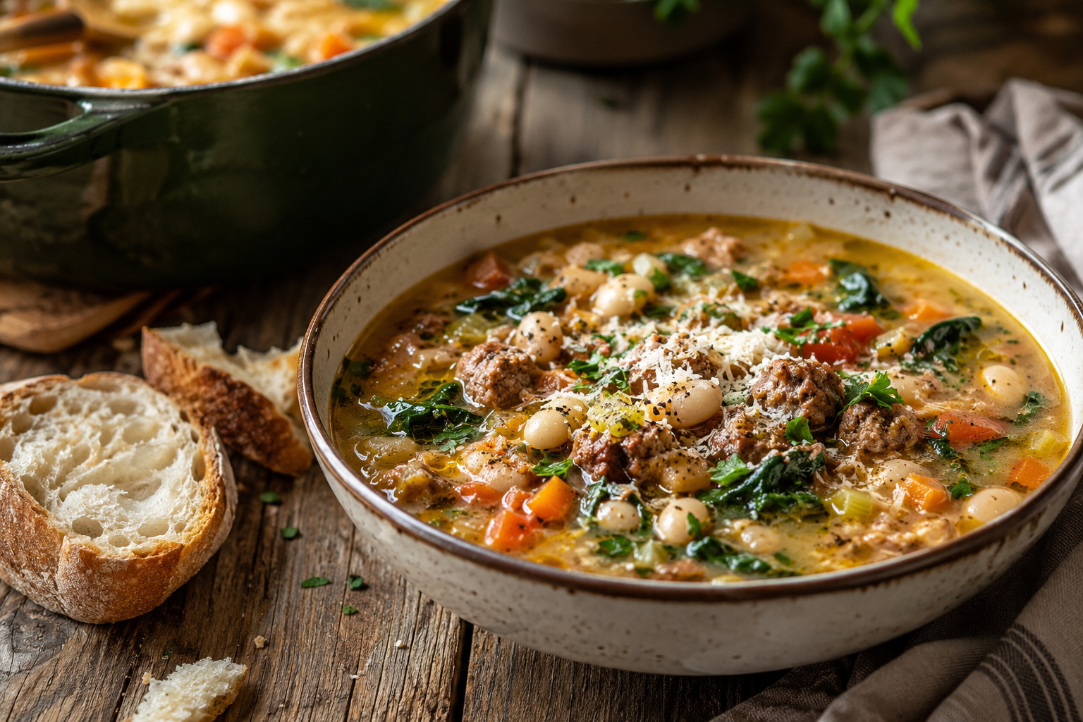 Rustic bowl of sausage white bean spinach soup topped with Parmesan cheese and parsley, served with crusty artisan bread