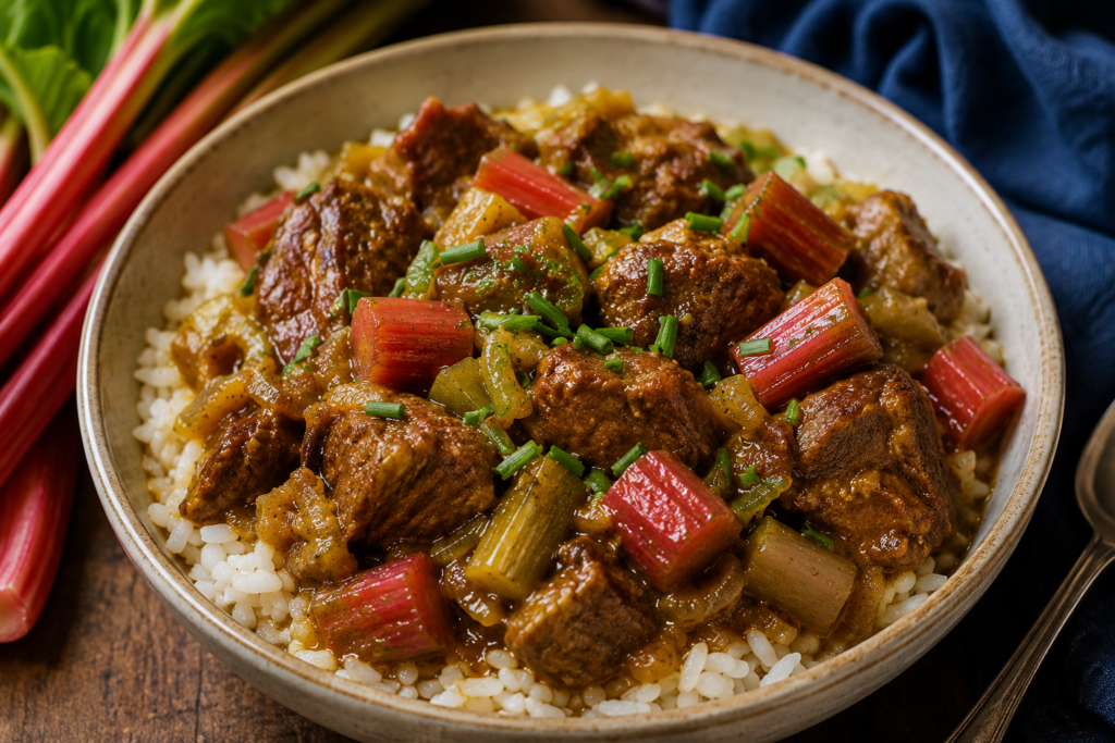 Slow-cooked lamb with rhubarb and onions served over fluffy white rice and garnished with chopped chives