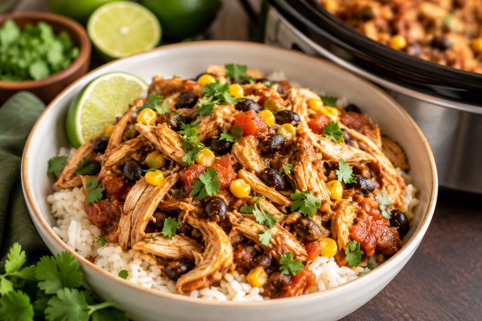 A bowl of slow cooker black bean and corn salsa chicken served over fluffy white rice, garnished with fresh cilantro and lime, with a crockpot in the background