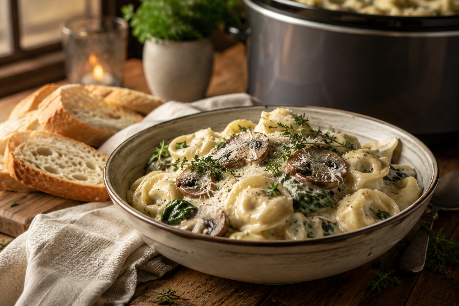 Creamy slow cooker mushroom spinach tortellini topped with Parmesan cheese and fresh parsley in a rustic bowl