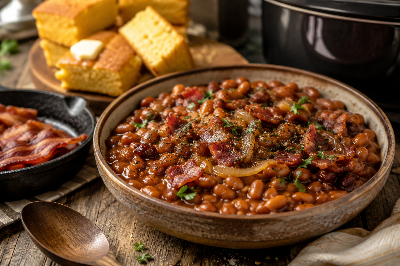 Smoky bacon and brown sugar slow cooker baked beans served in a rustic bowl with crispy bacon and cornbread