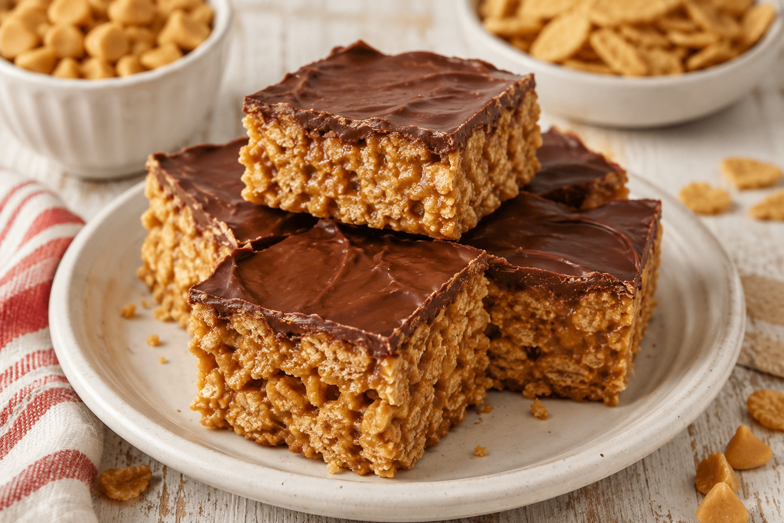 Homemade Special K Bars with peanut butter cereal layers and a chocolate-butterscotch topping stacked on a ceramic plate