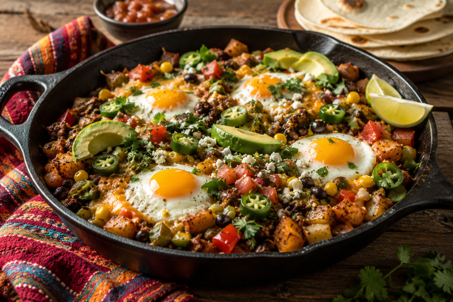 Tex-Mex breakfast skillet with crispy potatoes, sausage, eggs, black beans, peppers, melted cheese, avocado, and fresh cilantro