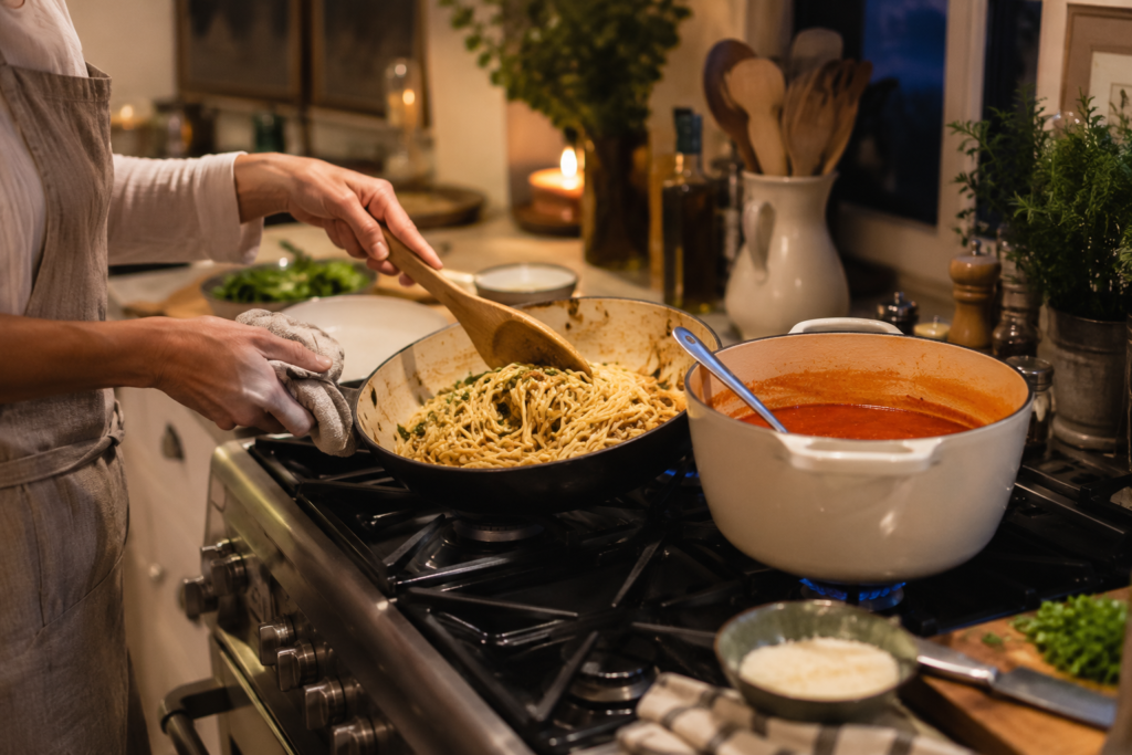 Home-cooked dinner being prepared in a warm, lived-in kitchen
