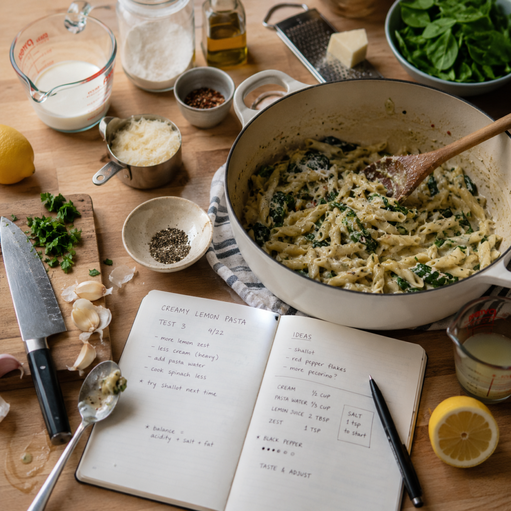 Recipe testing in progress with measured ingredients, handwritten notes and a dish being tasted