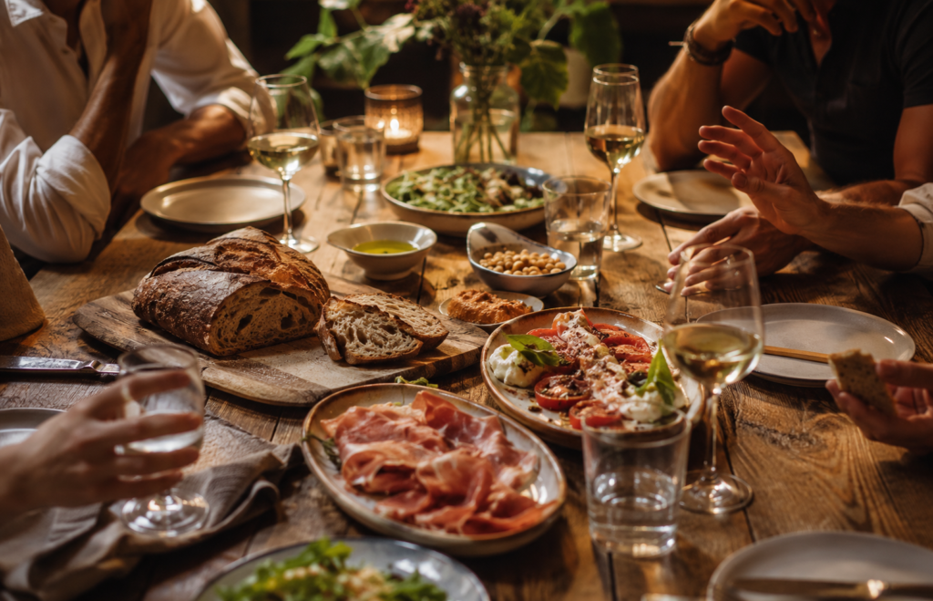 Friends gathered around a shared table with bread, fresh food and half-full glasses