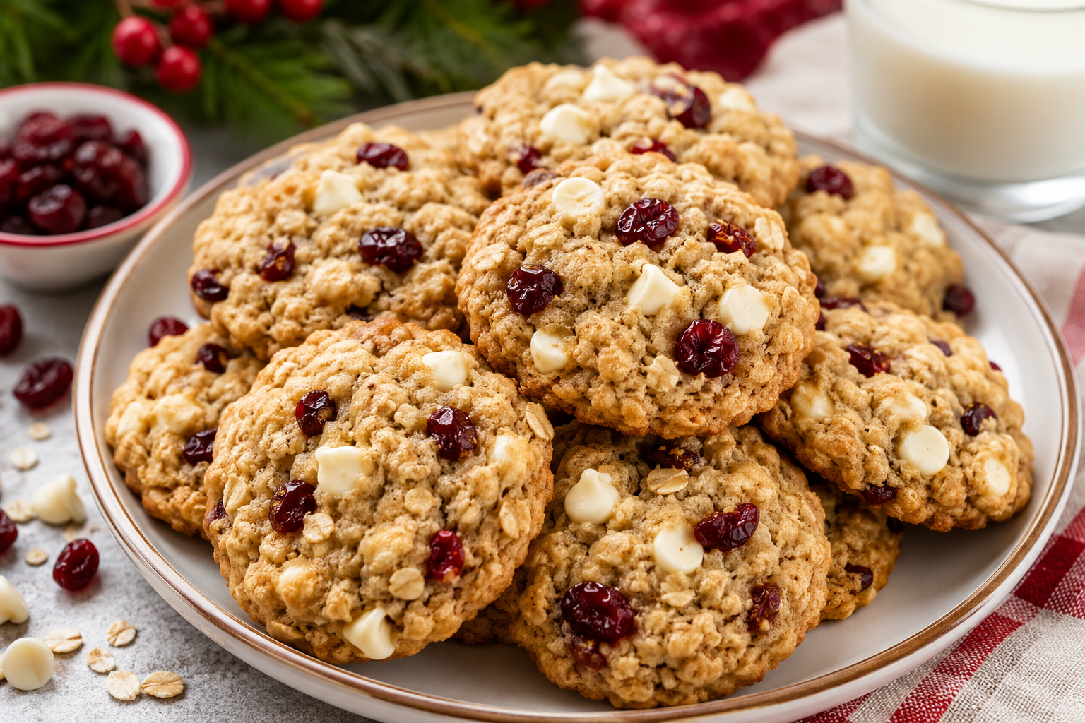 White chocolate cranberry oatmeal cookies stacked on a plate with dried cranberries, white chocolate chips and a glass of milk