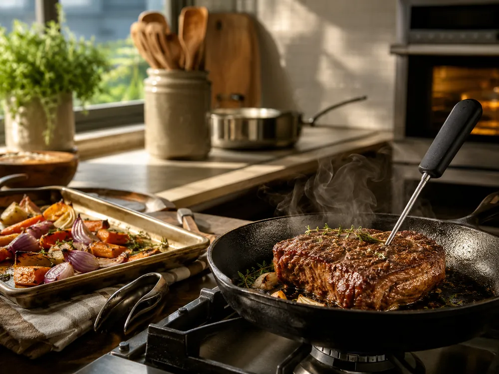 Cast-iron skillet with seared meat being checked with a thermometer beside roasted vegetables in a warm home kitchen