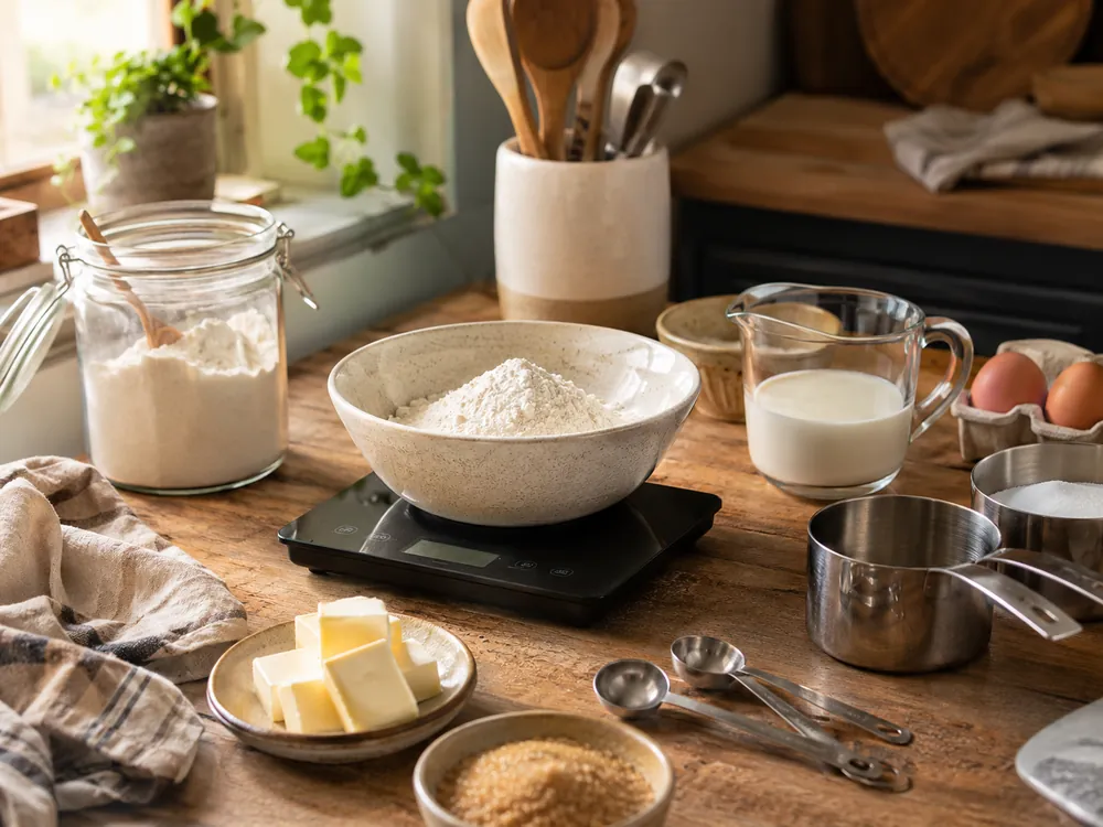 Digital kitchen scale, measuring cups, spoons, and measuring jug with baking ingredients on a warm home kitchen counter