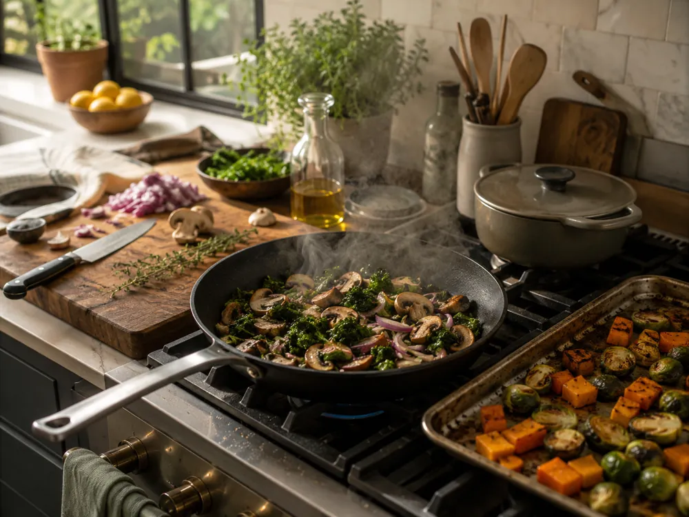 Essential cooking techniques in a home kitchen with sautéed vegetables, roasted vegetables, a chef’s knife, herbs, and olive oil