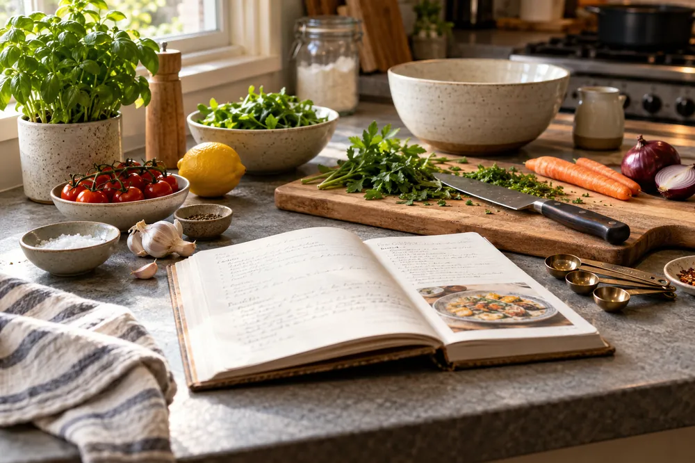 Open recipe book on a kitchen counter surrounded by fresh ingredients, measuring spoons, a cutting board, and cooking utensils