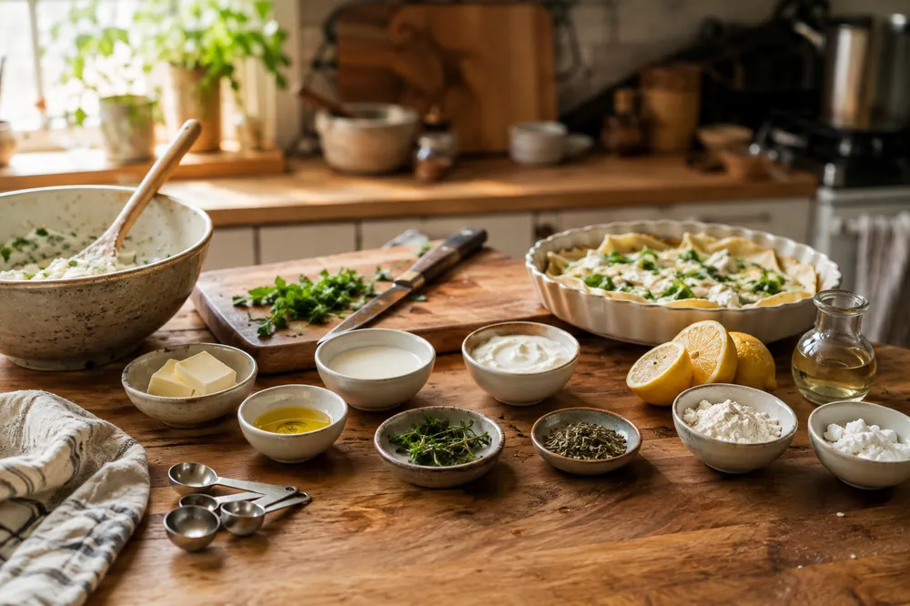 Ingredient substitutions arranged on a kitchen counter, including butter and olive oil, milk and yogurt, fresh and dried herbs, lemon and vinegar, and flour alternatives